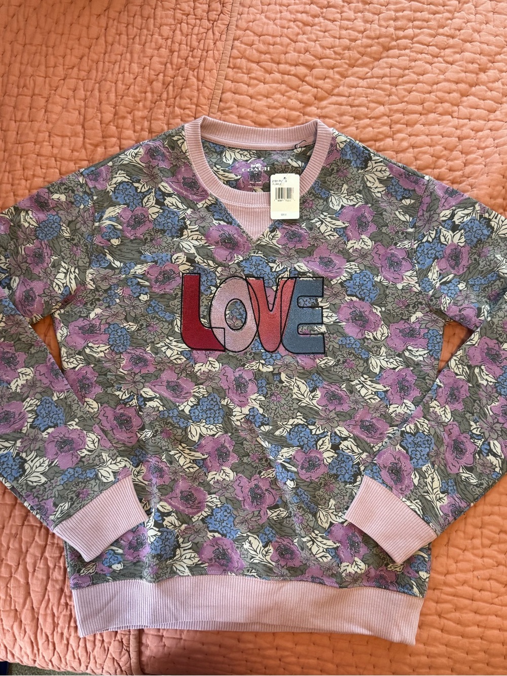 Coach Floral 'LOVE' Crewneck Sweater - Lavender, Blue, Gray